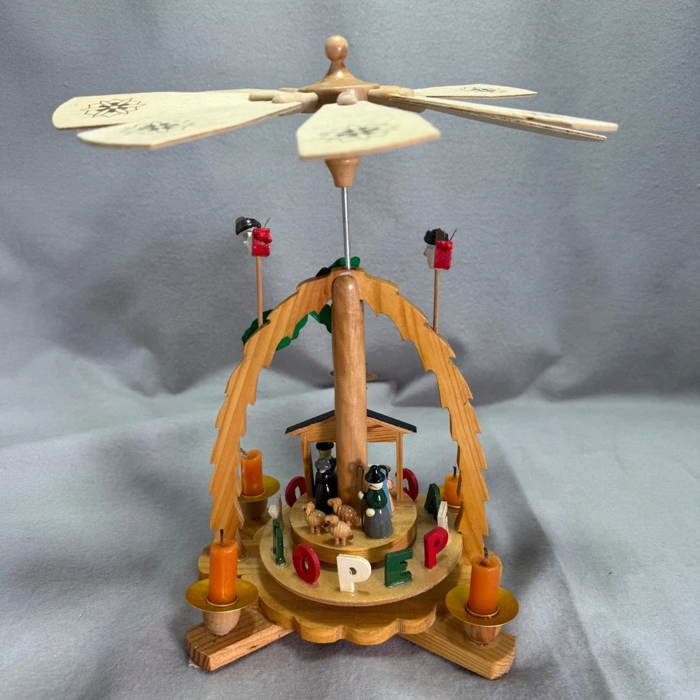 Holly Tree Nativity Carousel Single Tier Candle Tower Vintage Christmas Decor